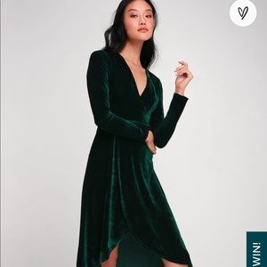 LULUS Silver Screen Emerald Green Velvet Long Sleeve Midi Dress